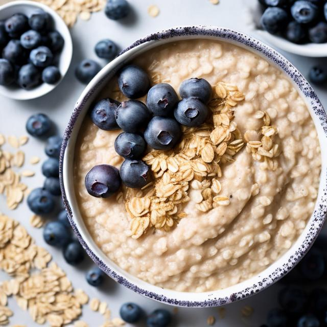 Prompt: top view of a bowl of oatmeal with blueberries. Aesthetic