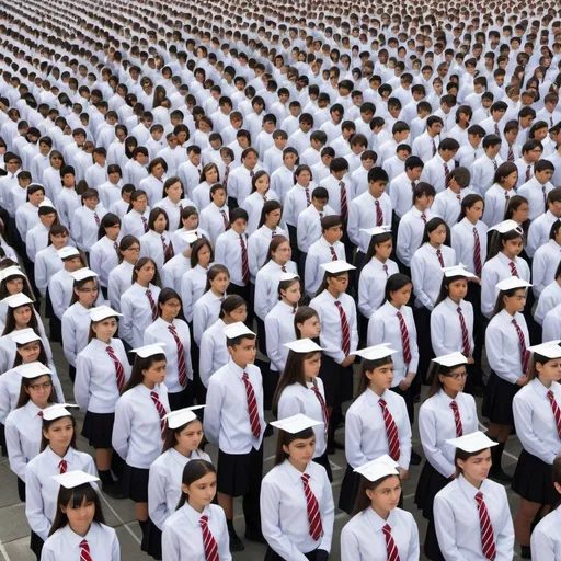 Prompt: imagine a scene with students in uniform rows, looking identical and robotic, representing The Wave's uniformity and discipline.