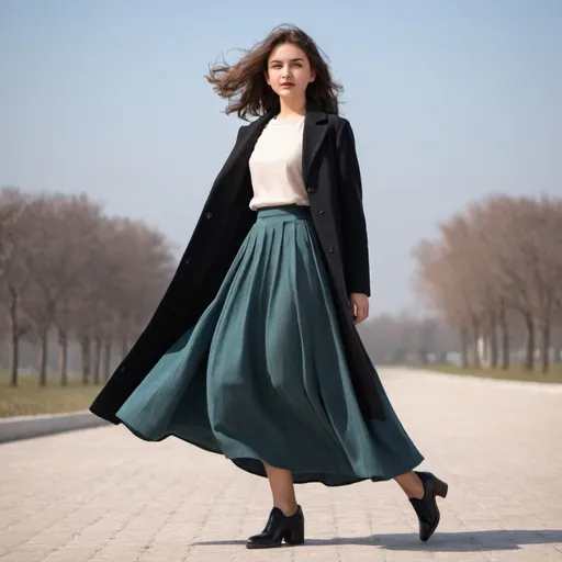 Prompt: Showcasing a girl standing on a breeze , wearing long skirt and coat