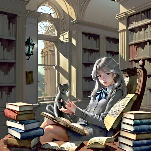 Prompt: studying grey cat with old books, small lightnings out of cats hands and eyes, libary ruins
