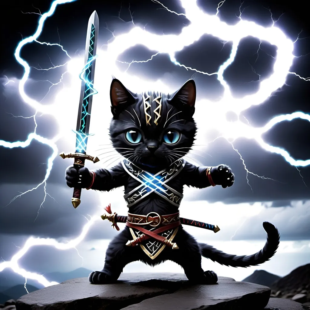 Prompt: a cat with two swords which look like dna-strings, rock ground, heavy lightning, furios looking