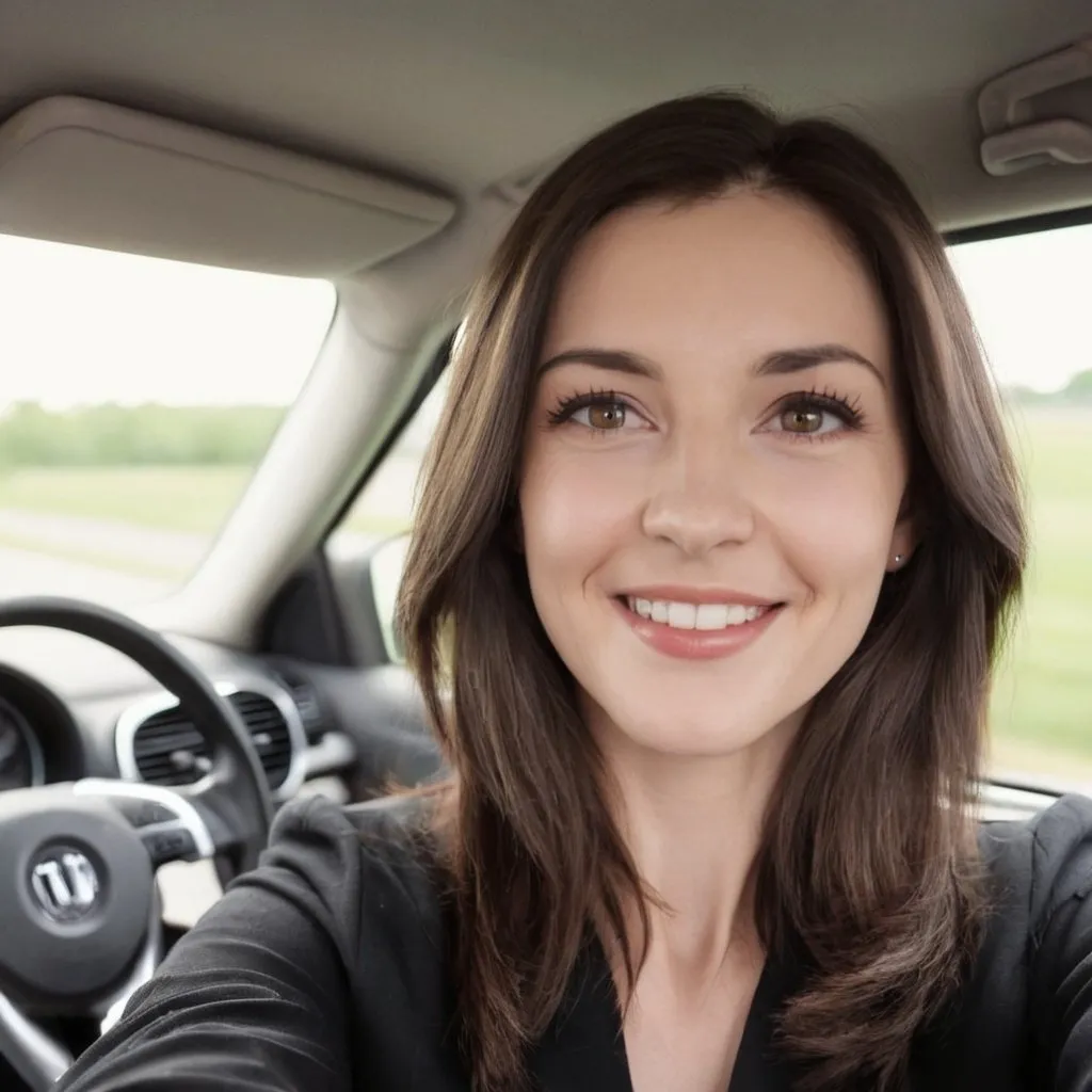 Prompt: Pretty brunette early thirties taking selfie riding in car 