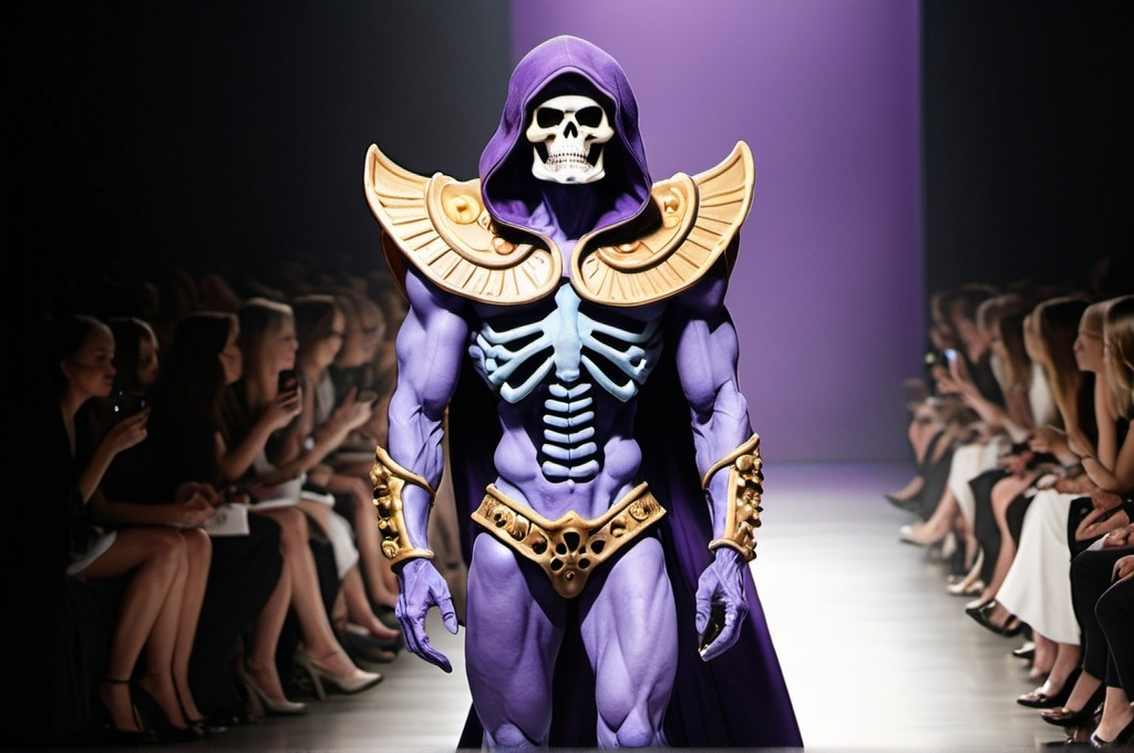 Prompt: Skeletor as a couture model on the catwalk