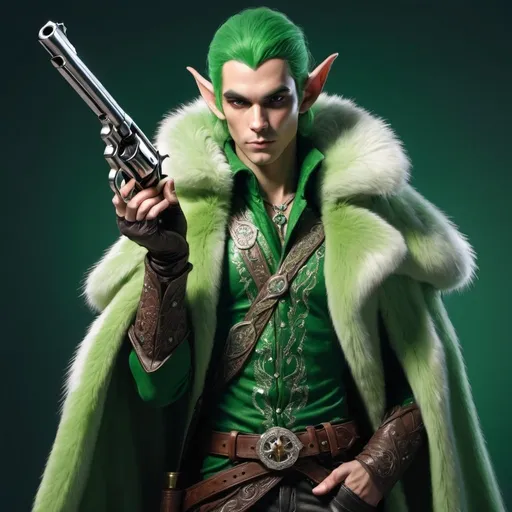 Prompt: A green skinned magical elven Prince gunslinger in a fur coat with a sparkly revolver.