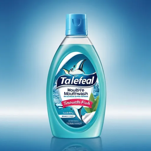 Prompt: A photo realistic ad copy image for a new type of bottle of Mouthwash made with tuna fish