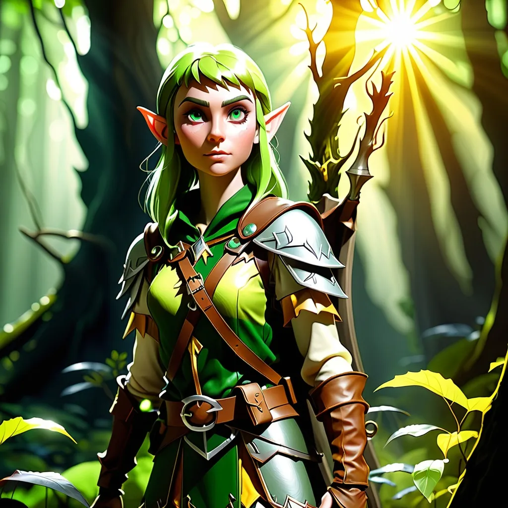 Prompt: Elf ranger in a mystical forest around sunlight