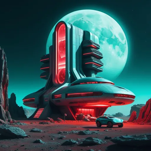 Prompt: a futuristic building with red lights and a space vehicle parked in front of it on a rocky alien planet a full moon in the dark hazy light teal sky