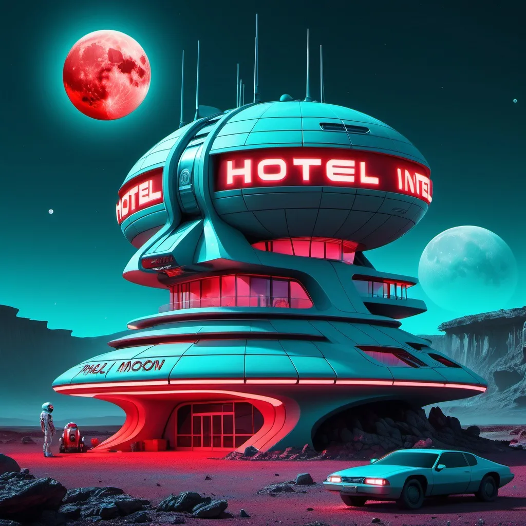 Prompt: a futuristic building with red lights with the words HOTEL in blue neon  and a space vehicle parked in front of it on a rocky alien planet a full moon in the dark hazy light teal sky