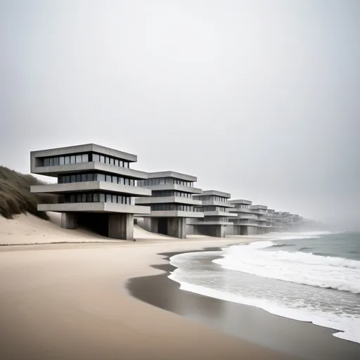 Prompt: A series of brutalist villas stand in perfect rows along a mist-covered sea shore, their harsh, angular shapes contrasting sharply with the soft curves of the sand and the crashing waves. Each villa is a geometric masterpiece, made of thick concrete blocks, with large overhangs casting deep shadows onto the beach below. Some of the villas have sharp, cantilevered sections that extend out over the water, where waves constantly batter their foundations. The concrete exteriors are dark and weathered, streaked with salt and algae from the relentless ocean spray. In the distance, the sea is shrouded in thick fog, making the villas appear as isolated monoliths in a world of grey mist and water. Above, seagulls circle in the overcast sky, their cries echoing eerily through the air. The scene is haunting yet peaceful, with the brutalist forms standing resilient against the wild, untamed elements of the sea.