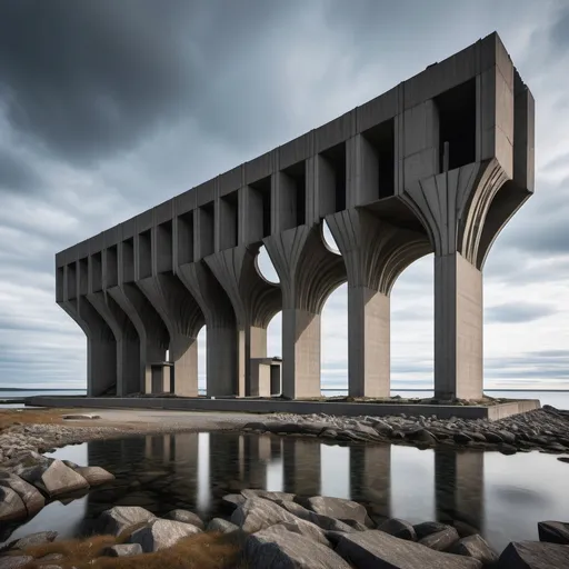 Prompt: On a remote island off the coast of finland, an imposing, brutalist structure rises from the sea. its dark, unfinished arches loom over the waters, stirring the imagination of those who stumble upon it. legends swirl around the monument, each more fantastical than the last. some claim it was meant to be the lavish estate of a russian oligarch, abandoned after his mysterious disappearance. others whisper that it was intended to be a temple dedicated to njörd, the ancient nordic god of wind and sea, a sanctuary to harness the ocean’s raw power. but the most unsettling stories speak of something far older. according to esoteric finnish texts, the island is believed to be a point where ley lines converge, a nexus of supernatural energy. this "monolith of the abyss, " as it's called, was constructed not by mortal hands, but by entities seeking to bridge our world with that of ancient sea gods. strange phenomena have been reported erratic weather patterns, whispers on the wind, and unexplained disappearances near the waters. whatever its true origin, the structure remains a forbidden enigma—silent, unmoving, yet alive with the mystery of the sea and sky.