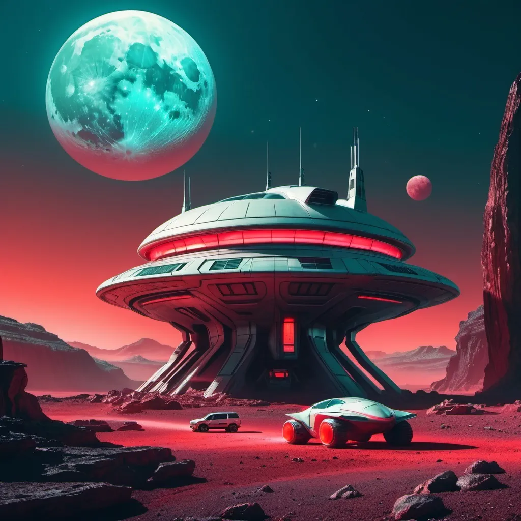 Prompt: a futuristic building with red lights and a space vehicle parked in front of it on a rocky alien planet a full moon in the dark hazy light teal sky