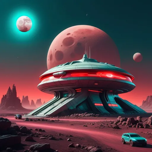 Prompt: a futuristic building with red lights and a space vehicle parked in front of it on a rocky alien planet a full moon in the dark hazy light teal sky