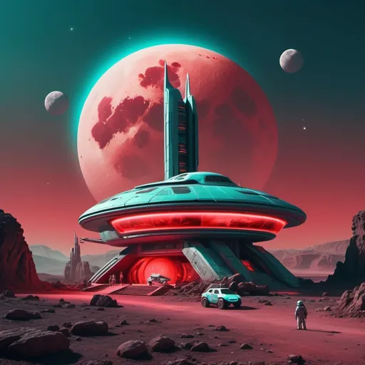 Prompt: a futuristic building with red lights and a space vehicle parked in front of it on a rocky alien planet a full moon in the dark hazy light teal sky