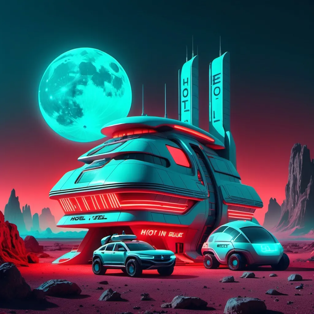 Prompt: a futuristic building with red lights with the words HOTEL in blue neon  and a space vehicle parked in front of it on a rocky alien planet a full moon in the dark hazy light teal sky