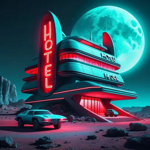 Prompt: a futuristic building with red lights with the words HOTEL in blue neon  and a space vehicle parked in front of it on a rocky alien planet a full moon in the dark hazy light teal sky