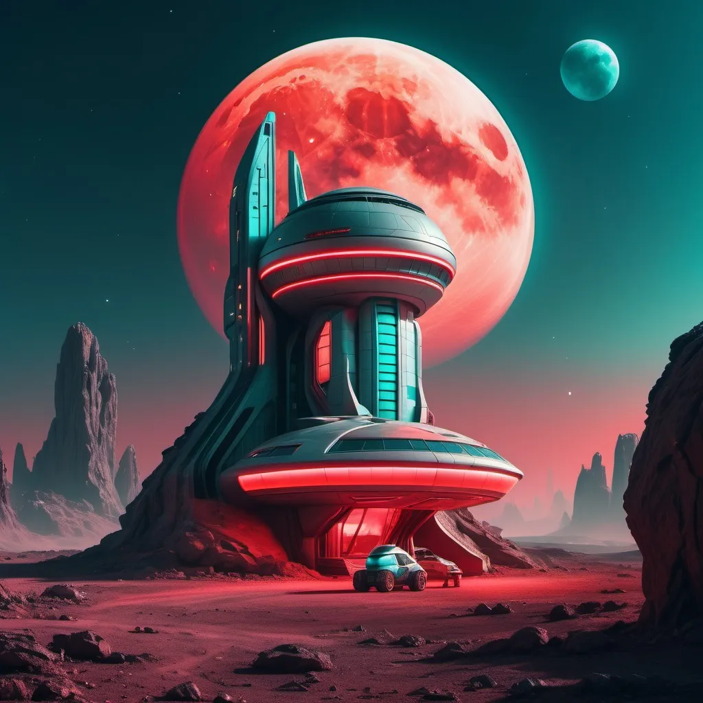 Prompt: a futuristic building with red lights and a space vehicle parked in front of it on a rocky alien planet a full moon in the dark hazy light teal sky