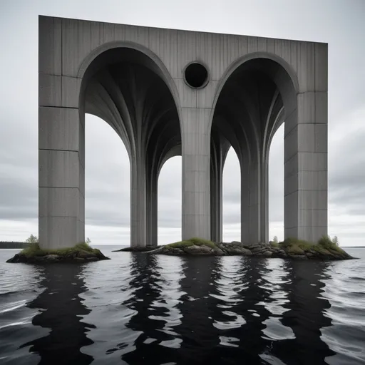 Prompt: On a remote island off the coast of finland, an imposing, brutalist structure rises from the sea. its dark, unfinished arches loom over the waters, stirring the imagination of those who stumble upon it. legends swirl around the monument, each more fantastical than the last. some claim it was meant to be the lavish estate of a russian oligarch, abandoned after his mysterious disappearance. others whisper that it was intended to be a temple dedicated to njörd, the ancient nordic god of wind and sea, a sanctuary to harness the ocean’s raw power. but the most unsettling stories speak of something far older. according to esoteric finnish texts, the island is believed to be a point where ley lines converge, a nexus of supernatural energy. this "monolith of the abyss, " as it's called, was constructed not by mortal hands, but by entities seeking to bridge our world with that of ancient sea gods. strange phenomena have been reported erratic weather patterns, whispers on the wind, and unexplained disappearances near the waters. whatever its true origin, the structure remains a forbidden enigma—silent, unmoving, yet alive with the mystery of the sea and sky.