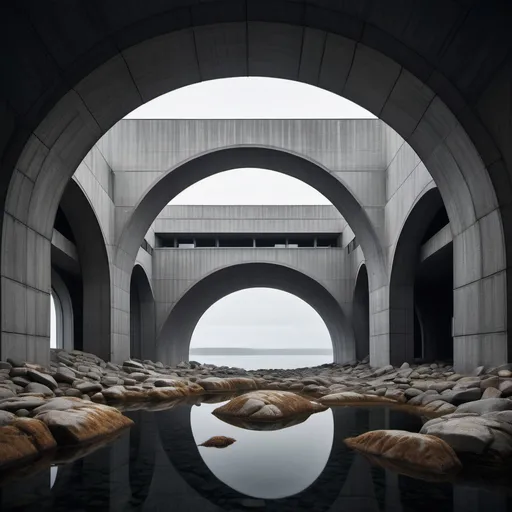 Prompt: On a remote island off the coast of finland, an imposing, brutalist structure rises from the sea. its dark, unfinished arches loom over the waters, stirring the imagination of those who stumble upon it. legends swirl around the monument, each more fantastical than the last. some claim it was meant to be the lavish estate of a russian oligarch, abandoned after his mysterious disappearance. others whisper that it was intended to be a temple dedicated to njörd, the ancient nordic god of wind and sea, a sanctuary to harness the ocean’s raw power. but the most unsettling stories speak of something far older. according to esoteric finnish texts, the island is believed to be a point where ley lines converge, a nexus of supernatural energy. this "monolith of the abyss, " as it's called, was constructed not by mortal hands, but by entities seeking to bridge our world with that of ancient sea gods. strange phenomena have been reported erratic weather patterns, whispers on the wind, and unexplained disappearances near the waters. whatever its true origin, the structure remains a forbidden enigma—silent, unmoving, yet alive with the mystery of the sea and sky.