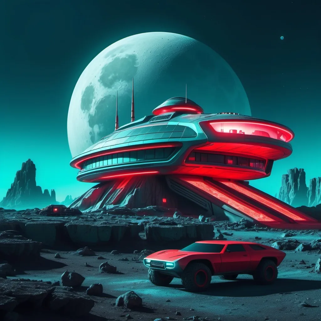 Prompt: a futuristic building with red lights and a space vehicle parked in front of it on a rocky alien planet a full moon in the dark hazy light teal sky