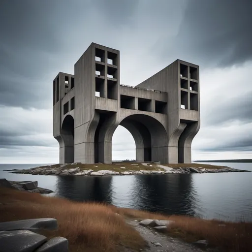 Prompt: On a remote island off the coast of finland, an imposing, brutalist structure rises from the sea. its dark, unfinished arches loom over the waters, stirring the imagination of those who stumble upon it. legends swirl around the monument, each more fantastical than the last. some claim it was meant to be the lavish estate of a russian oligarch, abandoned after his mysterious disappearance. others whisper that it was intended to be a temple dedicated to njörd, the ancient nordic god of wind and sea, a sanctuary to harness the ocean’s raw power. but the most unsettling stories speak of something far older. according to esoteric finnish texts, the island is believed to be a point where ley lines converge, a nexus of supernatural energy. this "monolith of the abyss, " as it's called, was constructed not by mortal hands, but by entities seeking to bridge our world with that of ancient sea gods. strange phenomena have been reported erratic weather patterns, whispers on the wind, and unexplained disappearances near the waters. whatever its true origin, the structure remains a forbidden enigma—silent, unmoving, yet alive with the mystery of the sea and sky.