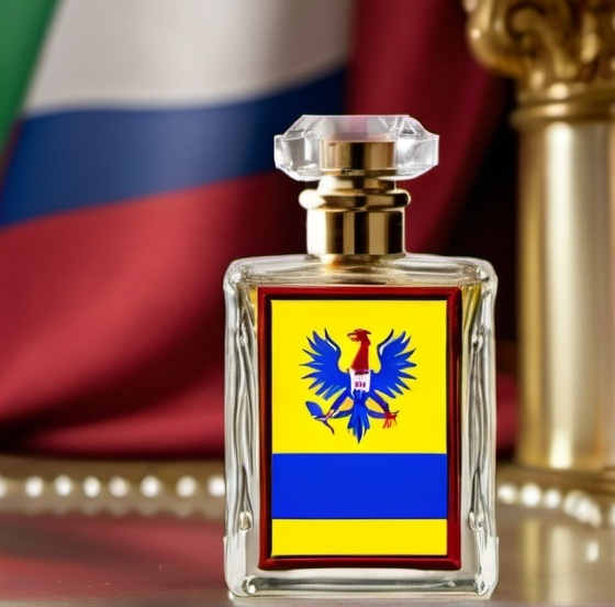 Prompt: A baroque style perfume bottle labeled  with haitian flag sitting on dressing table