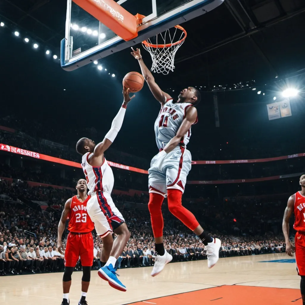 Prompt: A basketball player dunking on another player 