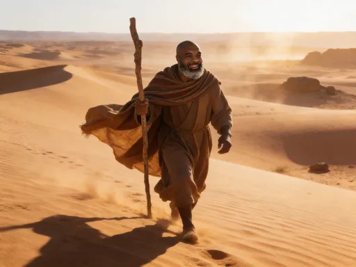 Prompt: @NjJNagktEqi2B5Tf3N2P Walking in the desert like Moses with a staff dress like Moses
