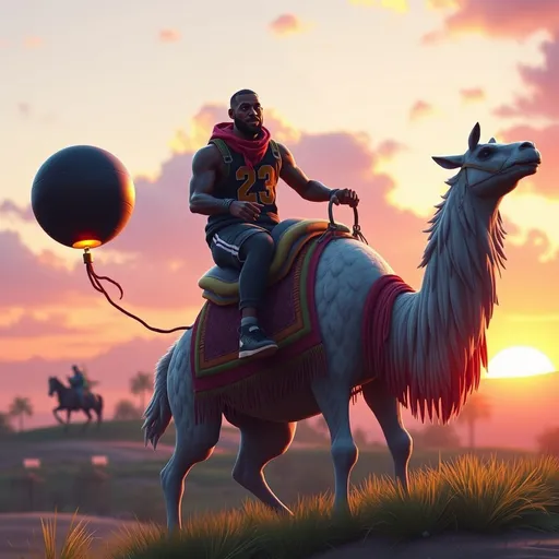 Prompt: lebron james riding a fortnite llama into the sunset while a bomb is coming down