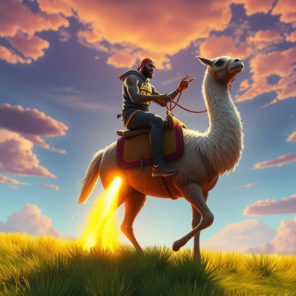 Prompt: lebron james riding a fortnite llama into the sunset while a bomb is coming down