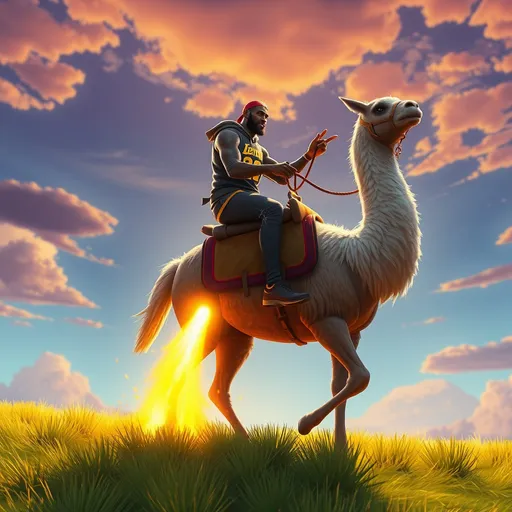 Prompt: lebron james riding a fortnite llama into the sunset while a bomb is coming down