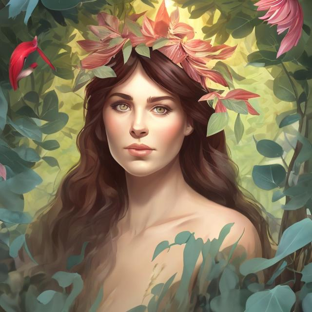 Prompt: headshot of Eve behind a bush in the Garden of Eden her body covered with folage

