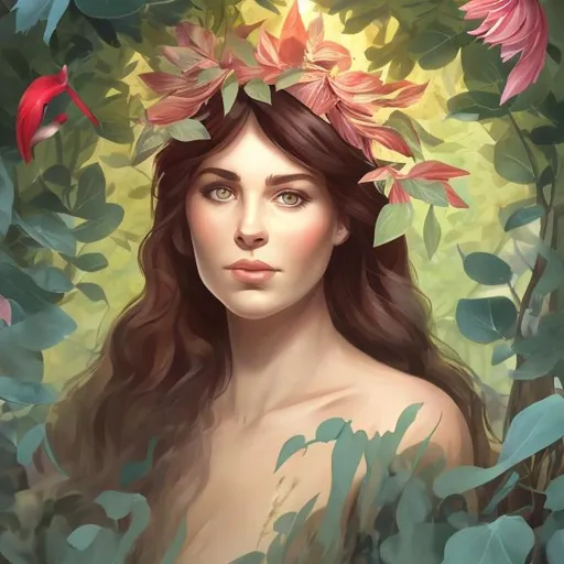 Prompt: headshot of Eve behind a bush in the Garden of Eden her body covered with folage

