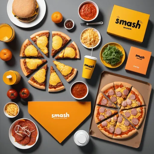 Prompt: Smash burger and pizza branding flat lay with yellow as main tone and orange tone. The brand name is Emjays Kitchen