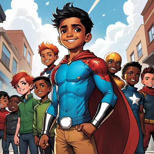 Prompt: Zain standing proudly with Spark and the Marvel heroes, with everyone smiling. The sky is bright, and the neighborhood is peaceful again. Use this prompt and generate comic book style marvel inspired anime style image. The boy in the prompt is 7 years old Indian boy 