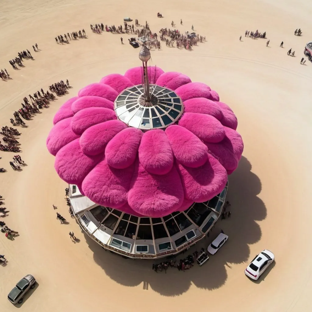 Prompt: Aerial view of a modified tram at the Burning Man Festival. There is a huge pink strange flower on the roof, each petal will fluoresce; the body is covered with pink fur, and there are many fluorescent lights like stars on the surface of the car. ,