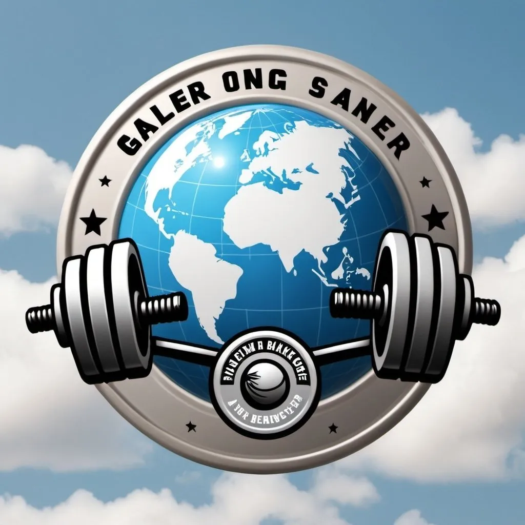 Prompt: gamer badge with a land and sky background a globe floating showing the North American content toward the left.  In the foreground is a barbell loaded with weights a pair of running shoes and a shaker bottle