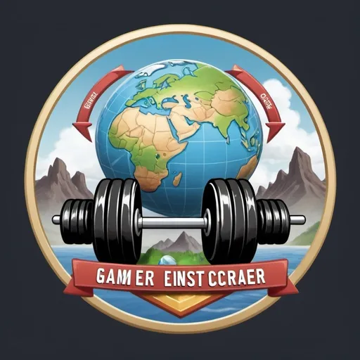 Prompt: gamer badge with a land and sky background a globe floating showing the North American content toward the left.  In the foreground is a barbell loaded with weights, a pair of running shoes, and a shaker bottle