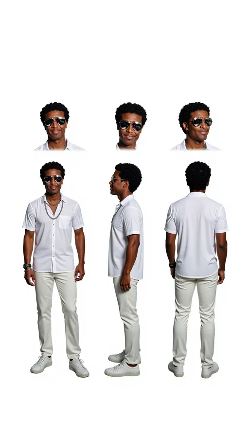 Prompt: A full-body character sheet of photorealistic male adult 01e7c4f5 with short curly hair, large sunglasses, white shirt, silver chain necklace displayed in three clear views on a clean white background, arranged in a three-column grid pattern with equal spacing and importance. Left panel: front view showing complete anatomical details and outfit. Center panel: perfect 90-degree side view (profile) clearly showing the character's side silhouette, facial profile, and outfit from a direct lateral perspective. Right panel: back view revealing posterior details Each view maintains consistent scale, lighting, and full-body presentation from head to toe. All three perspectives must be equally detailed and given equal prominence in the composition.