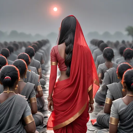 Prompt: A thousands group of souls in gray colour cloth in dark gray colour tone soul in landscape and back side light of soul will appear, one main girl standing in middle of group of souls and and only she wore a red colour cloth in hindu caste style.