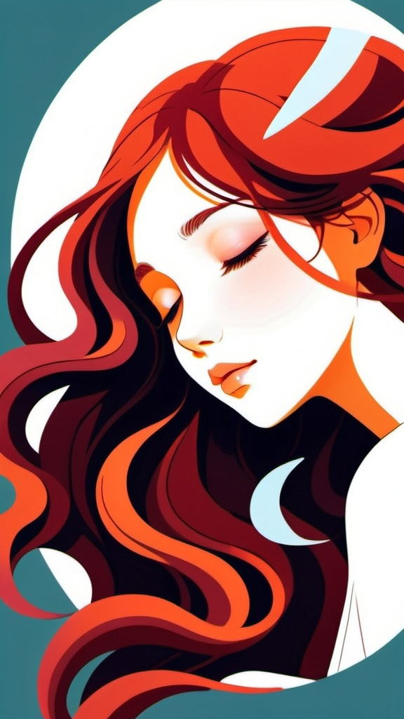 Prompt: An ethereal beautiful woman with long soft wavy red wine hair, whimsical, thin line art, flat color illustration, high quality, drawing, anime, illustration, eyes closed, a sweet angelic expression, ethereal mystical lighting, 