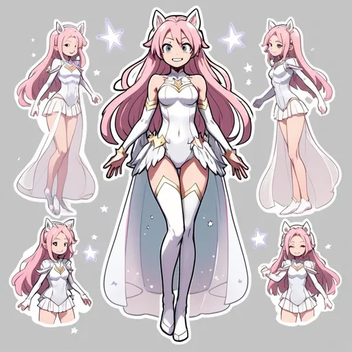 Prompt: Character design sheet fullbody with angles , my hero academia,  young woman with long soft pastel pink hair with a middle part, wearing a white sparkly leotard and a sheer cape , and a sheer skirt, drawing, illustration, anime, my heart academia, cheeky smile, sparkly, supernova, galaxy, character reference sheet, hands glowing with stars