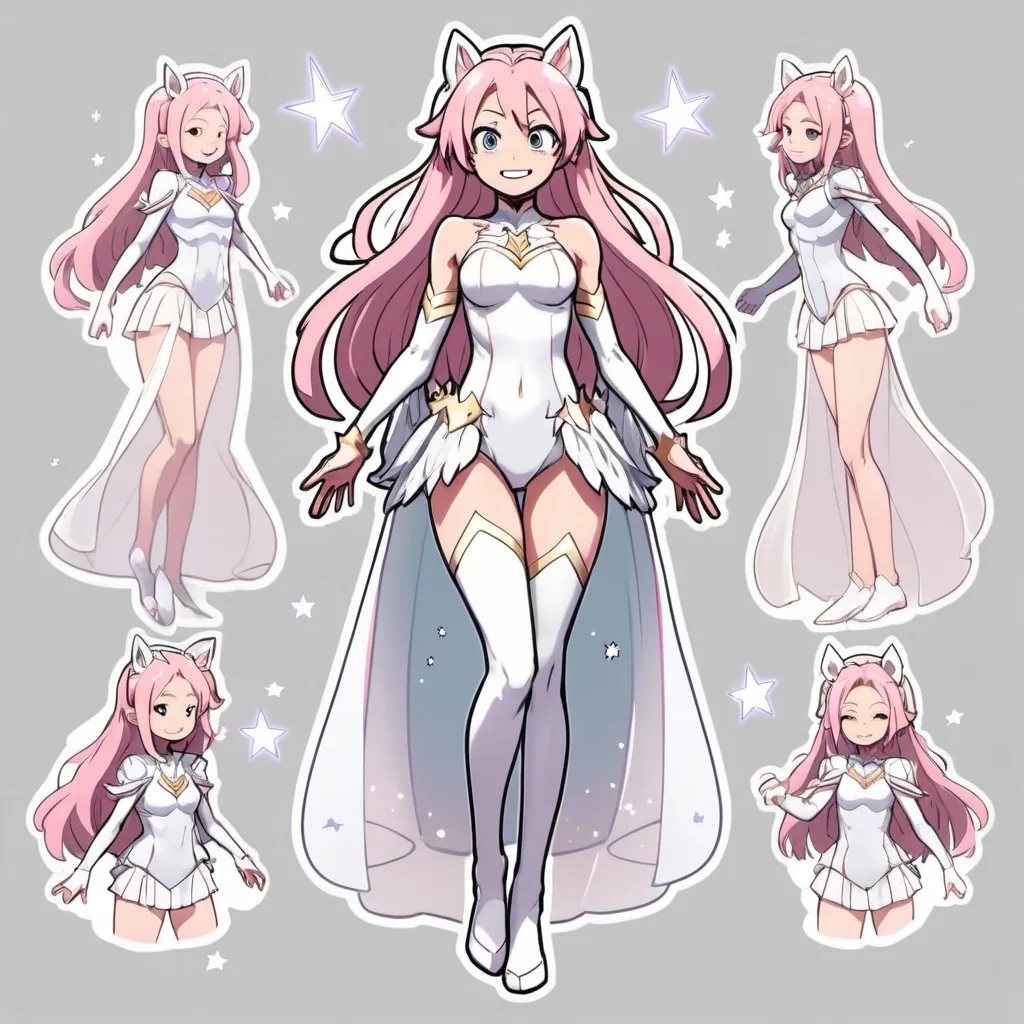 Prompt: Character design sheet fullbody with angles , my hero academia,  young woman with long soft pastel pink hair with a middle part, wearing a white sparkly leotard and a sheer cape , and a sheer skirt, drawing, illustration, anime, my heart academia, cheeky smile, sparkly, supernova, galaxy, character reference sheet, hands glowing with stars