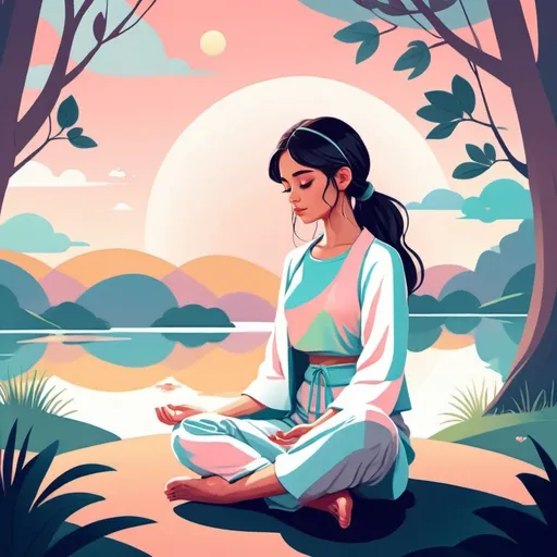 Prompt: 2d flat art, vector art, cover art, cute illustration, girl, tranquil pastel colors, high quality cover art, mental stability and balance, zen, peaceful, meditation, matching outfit, cute clothes