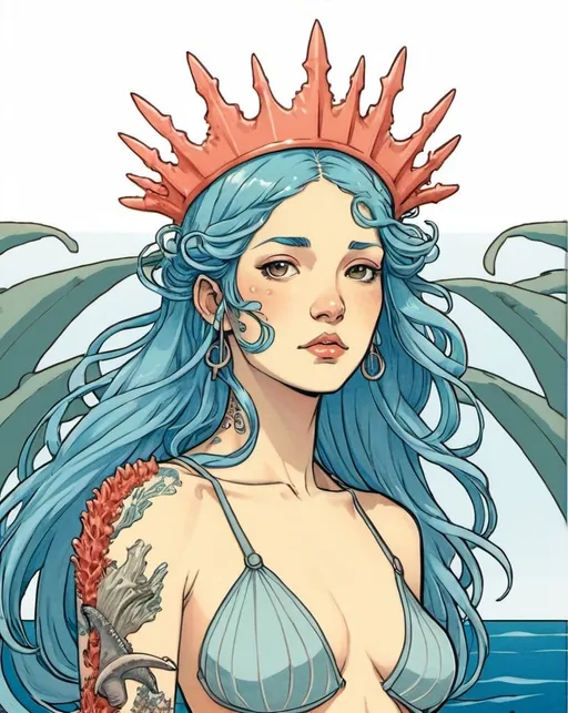 Prompt: a drawing of a woman with a trident and a coral crown, the ocean, long blue hair that turns into water, Daphne Allen, pop surrealism, palm trees on shoulders, barnacles on cheeks, fish scales on neck, seashell tattoo, drawing, anime, illustration, thin lineart, high quality, flat color illustration, satoshi kon, alphonse mucha