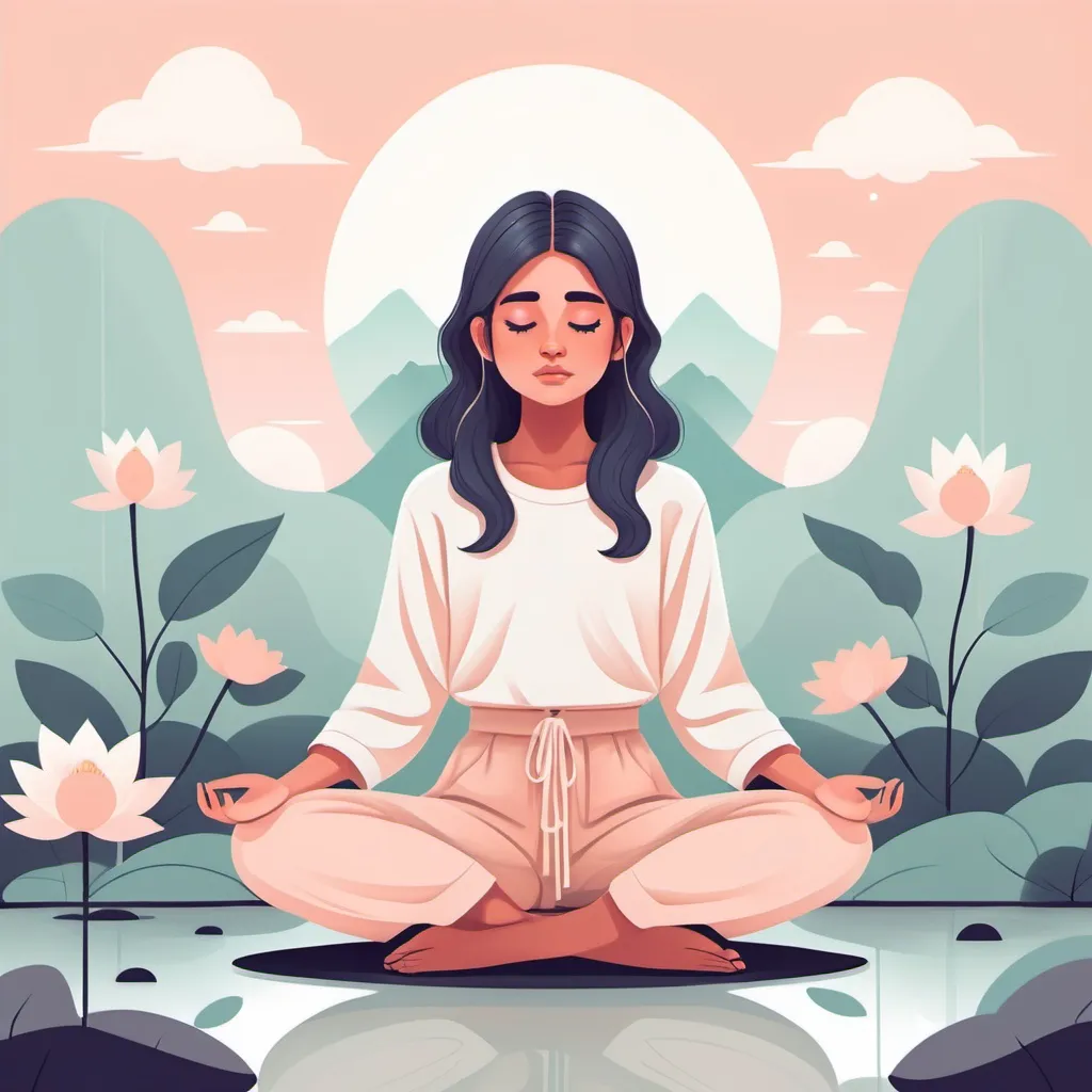 Prompt: 2d flat art, vector art, cover art, cute illustration, girl, tranquil pastel colors, high quality cover art, mental stability and balance, zen, peaceful, meditation, matching outfit, cute clothes