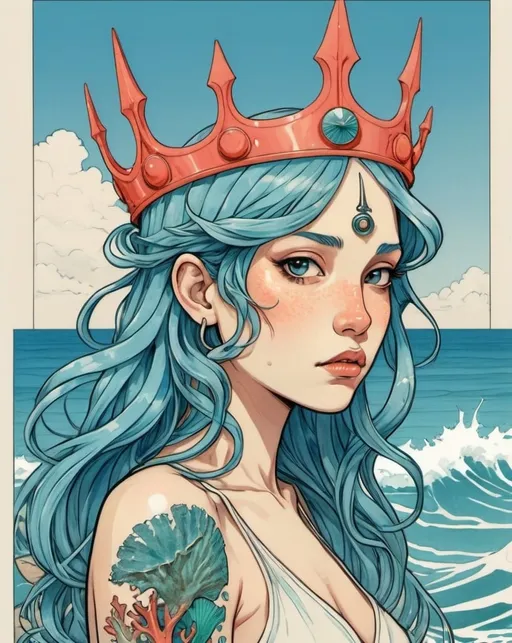 Prompt: a drawing of a woman with a trident and a coral crown, the ocean, long blue hair that turns into water, Daphne Allen, pop surrealism, palm trees on shoulders, barnacles on cheeks, fish scales on neck, seashell tattoo, drawing, anime, illustration, thin lineart, high quality, flat color illustration, satoshi kon, alphonse mucha