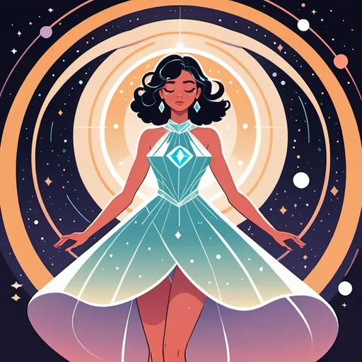 Prompt: 2d flat art, a woman with a diamond dress, vector art, cover art, cute illustration, dynamic background, saturn rings as halo, dynamic candid pose, soft colors