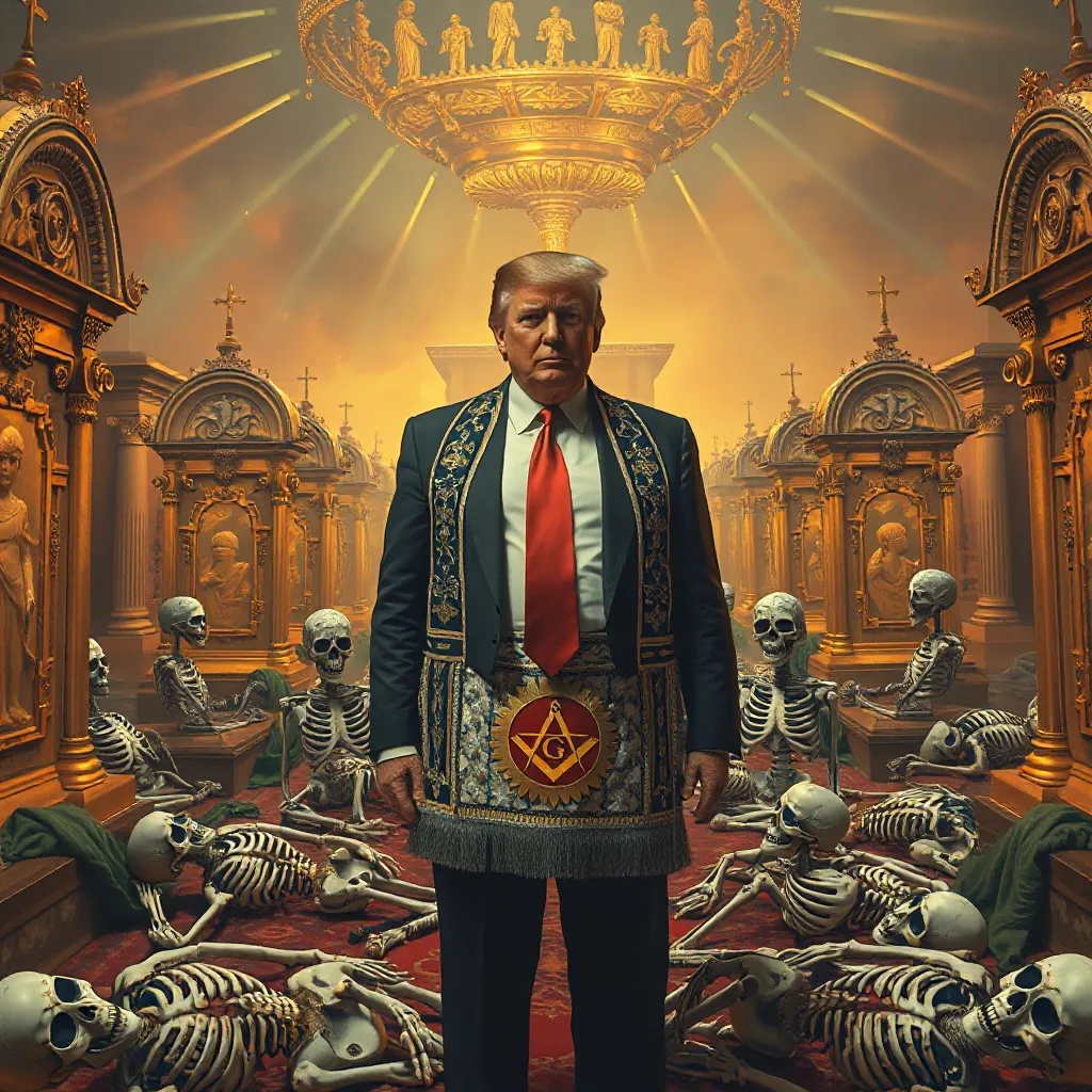 Prompt: Donald Trump stands regally in a giant roman grave yard with golden jeweled tombstones and mausoleums. Emaciated childrens skeletons litter the floor. Trump is wearing a freemasons apron emblazoned with the star of david
