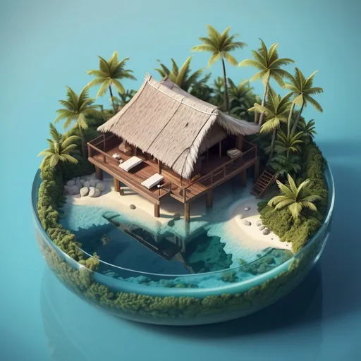 Prompt: miniature isometric world render, a hut surrounded by clear water, Bali