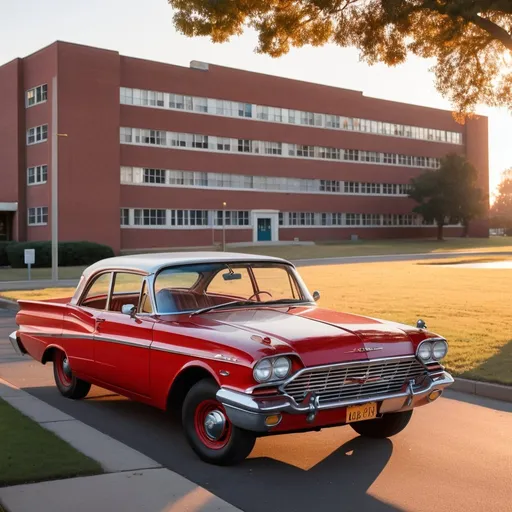 Prompt: a 1960s red classic car with a high school in the background in the late afternoon